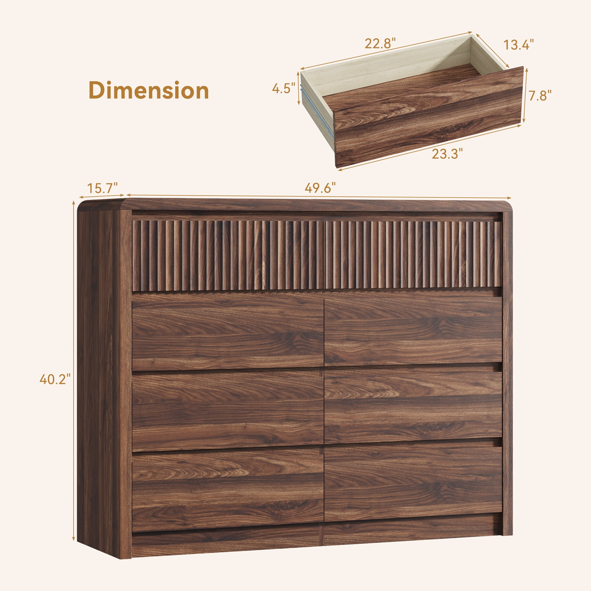 ASTUVIA 8 Drawers Dresser for Bedroom, 49.2" W Modern Chest of Drawers with Curved Profile Design, Mid Century Fluted Storage Dressers Organizer,Brown