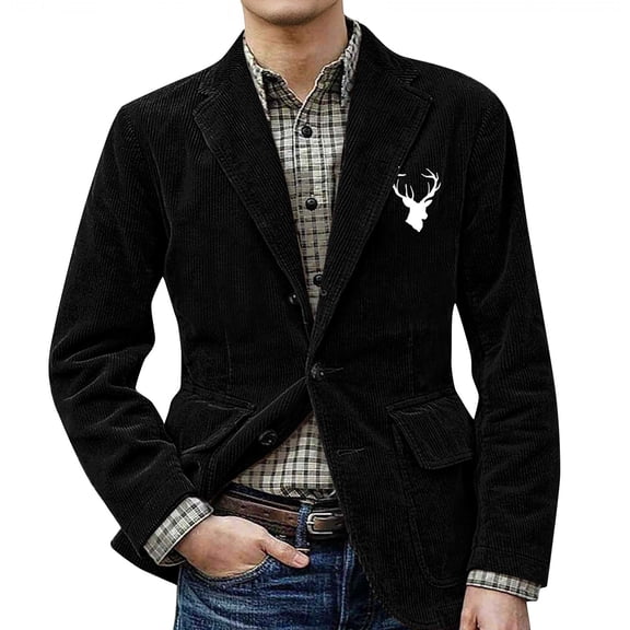 CharmCyan Men’s Corduroy Blazer Jacket with Deer Head Print Notch Lapel Single Breasted Casual Fit Suit Coat Outerwear Black L