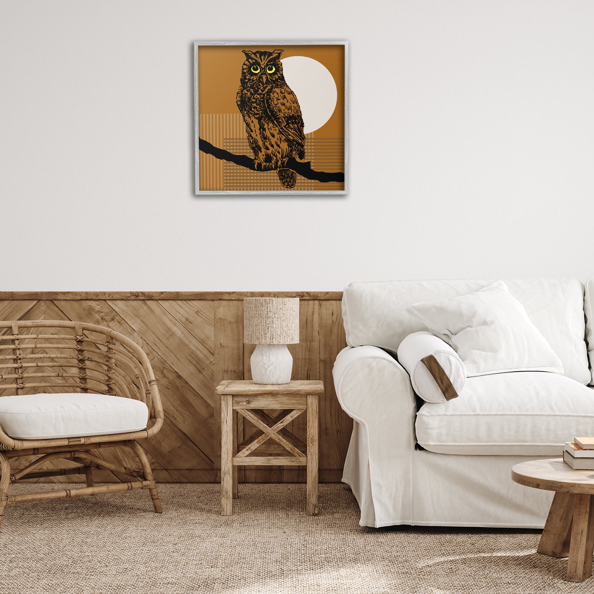 Stupell Industries Owl Perched with Moon Animals & Insects Painting Gray Framed Art Print Wall Art, 24 x 24