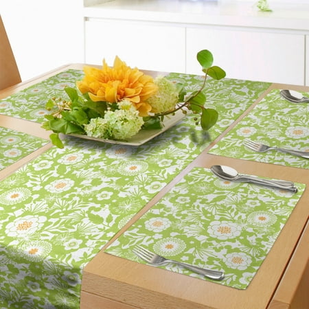 

Botanical Table Runner & Placemats Abstract Pattern with Floral Details Spring Beauty Blossom Set for Dining Table Decor Placemat 4 pcs + Runner 14 x72 Apple Green Pale Orange by Ambesonne