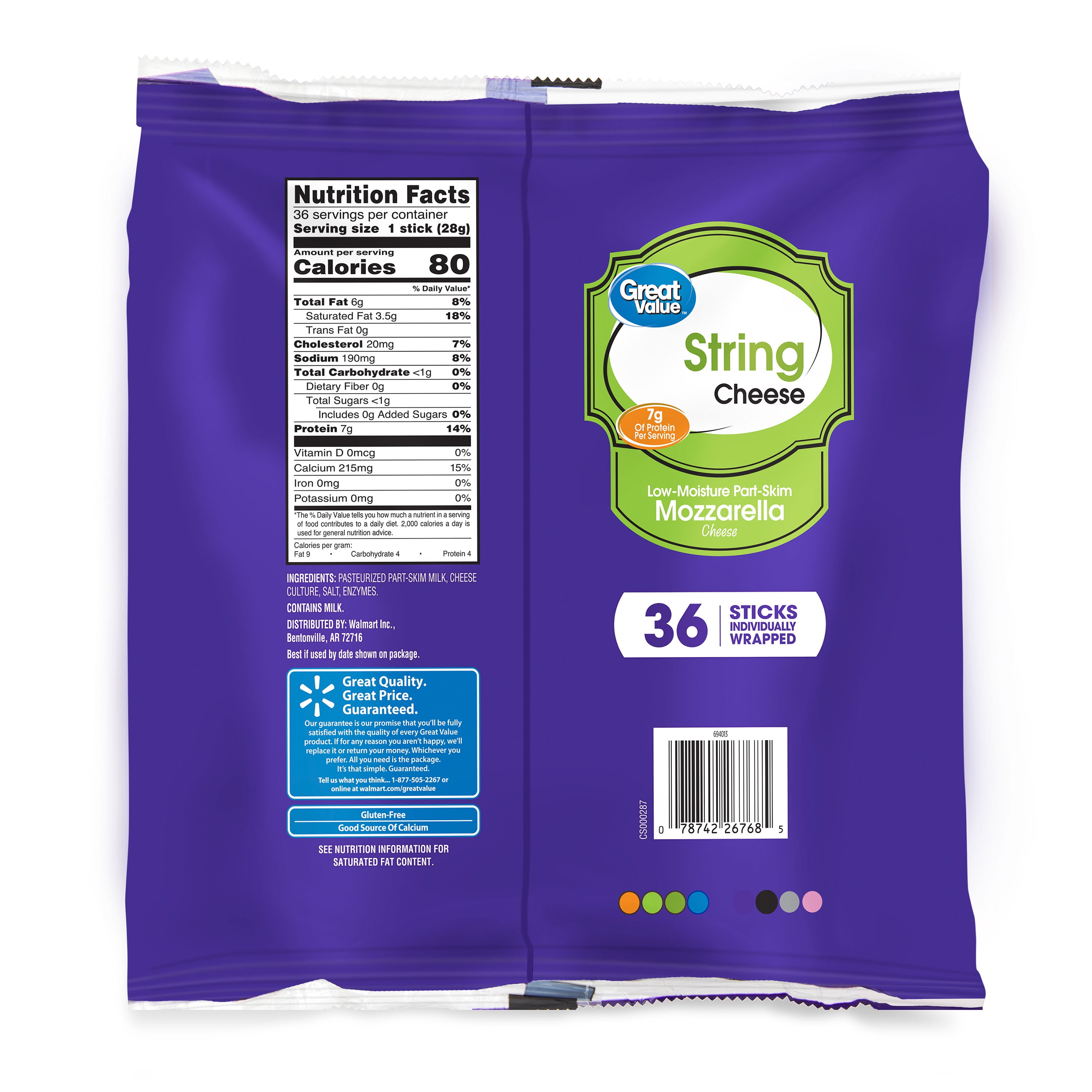 Great Value Low-Moisture Part-Skim Mozzarella String Cheese Snack, 36 oz Bag, 36 Cheese Sticks