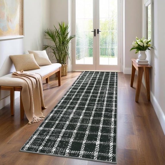 2x6 Runner Rug, Washable Low Pile Non Slip Indoor Carpet, Geometric Checkered Print Floor Runner for Kitchen, Hallway, Bathroom, Entryway,black