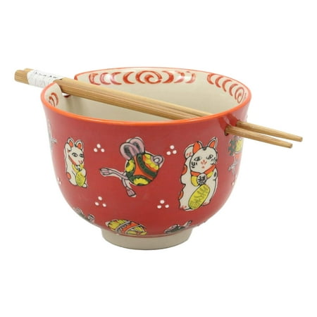 Meow Cat Bowl Ebros Gift Auspicious Lucky Meow Cat Japanese Maneki Neko Colorful Porcelain Bowl With Bamboo Chopsticks Set For Salad Ramen Pho Soup Cereal Home Kitchen Decorative Bowl (Red) ()