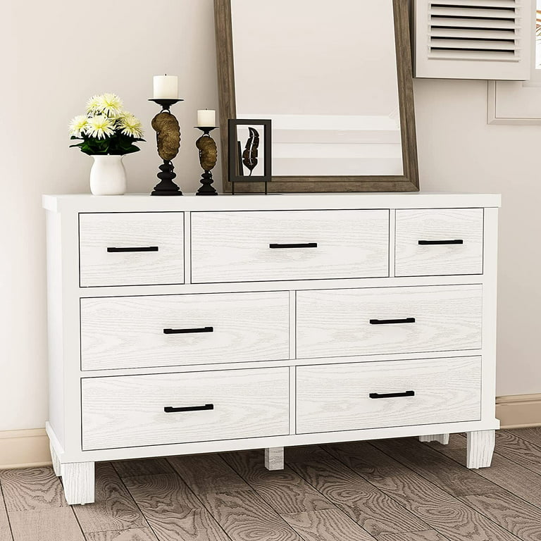 HOSSLLY Modern 7 Drawer Double White Dresser with Bar Handles in Black 