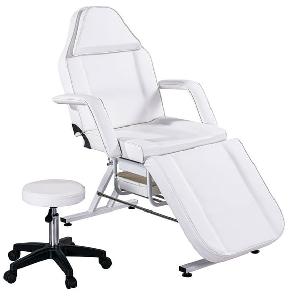 Massage Salon Tattoo Chair with 2 Trays Esthetician Bed with Hydraulic Stool, Multi-Purpose 3-Section Facial Bed Table, Adjustable Beauty Barber Spa Beauty Equipment, White