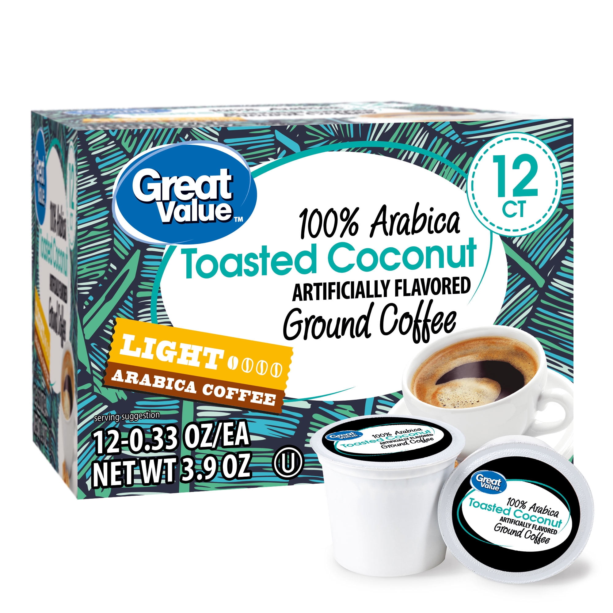 Great Value 100% Arabica Toasted Coconut Light Roast Arabica Coffee Pods, 12 Ct