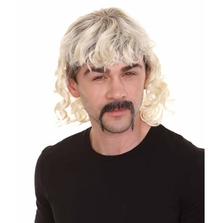 HPO Men’s Bleach Curly 80s Mullet Wig with Handlebar Mustache for Adult – Vintage Retro Costume Set for Halloween & Cosplay Events