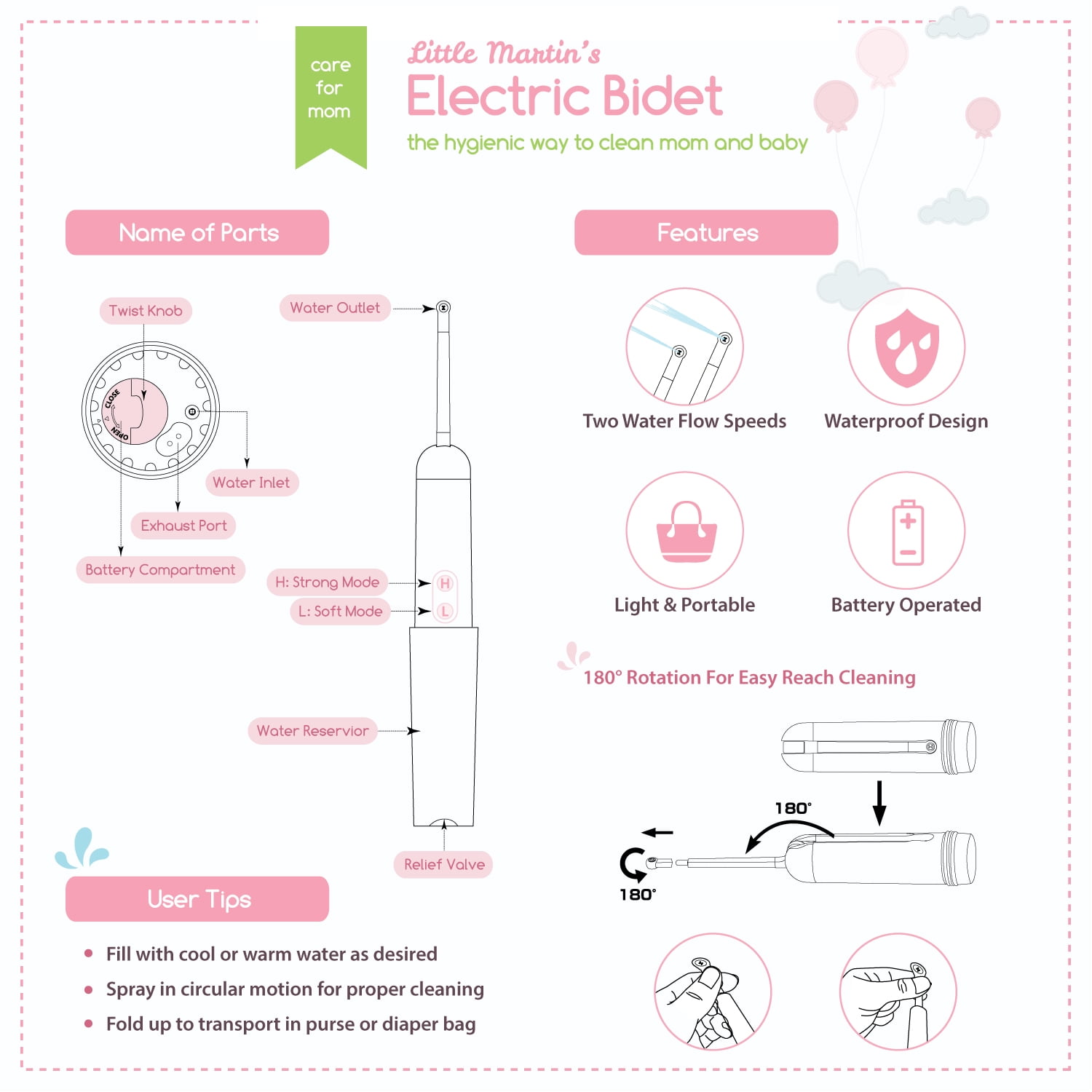 Little Martin's Drawer Electric Portable Bidet ‚ai Personal Toilet Travel Sprayer For Babies Kids Elders Pregnant & Postpartum Women Outdoors Traveling ‚Äì Battery Operated