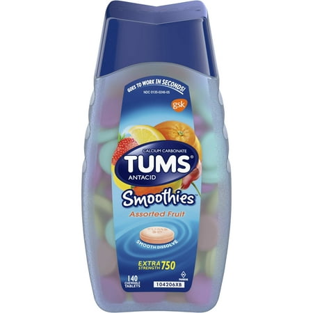 (2 Pack) Tums smoothies assorted fruit extra strength antacid chewable tablets for heartburn relief, 140