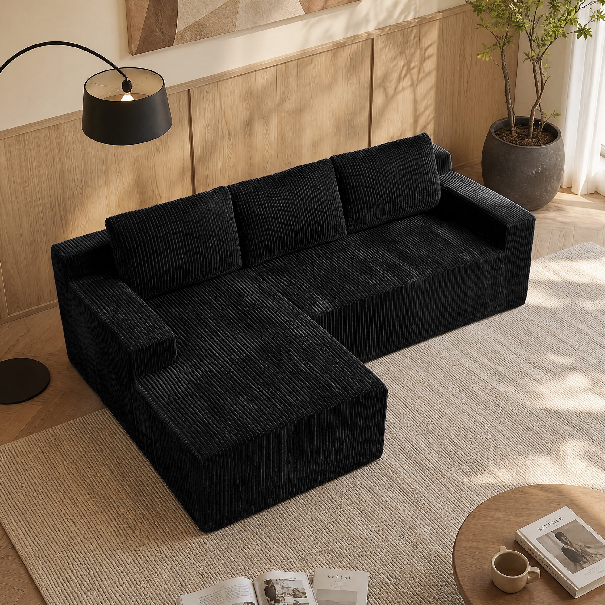 Leumius Corduroy Modular L-Shaped Sectional Sofa,Luxury Floor Couch Set,Upholstered Indoor Furniture,Foam-Filled Compressed Sofa for Living Room,Bedroom Black