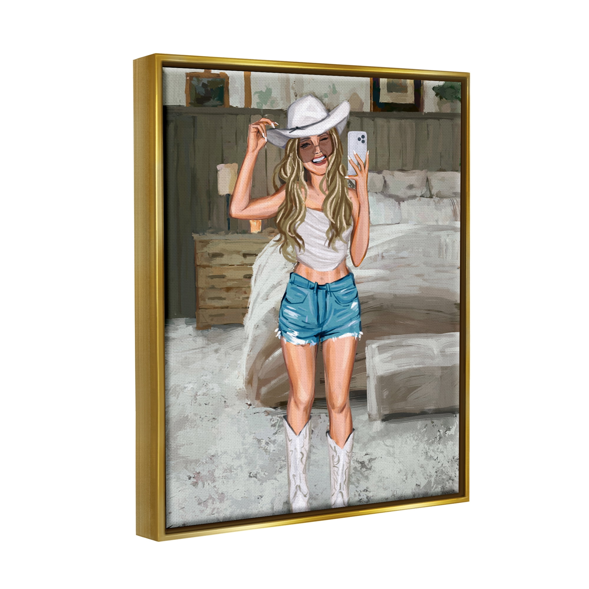 Stupell Industries Cowgirl Glam Selfie Beauty & Fashion Painting Gold Floater Framed Canvas Art Print Wall Art, 25 x 31
