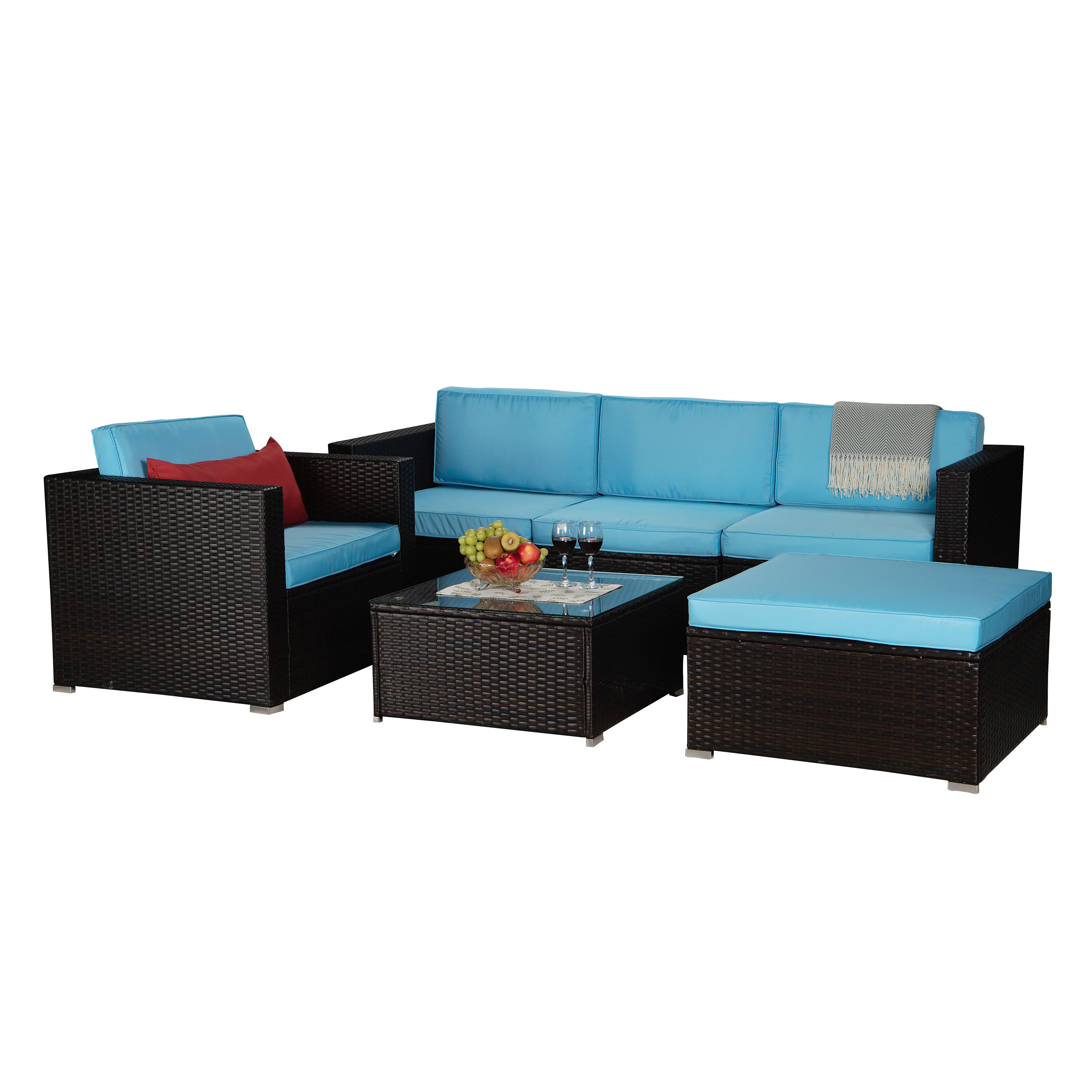 6-Piece Outdoor Patio Furniture Set PE Rattan Wicker Sectional Sofa Set with Coffee Table, Blue Cushioned and Red Pillow - image 3 of 8