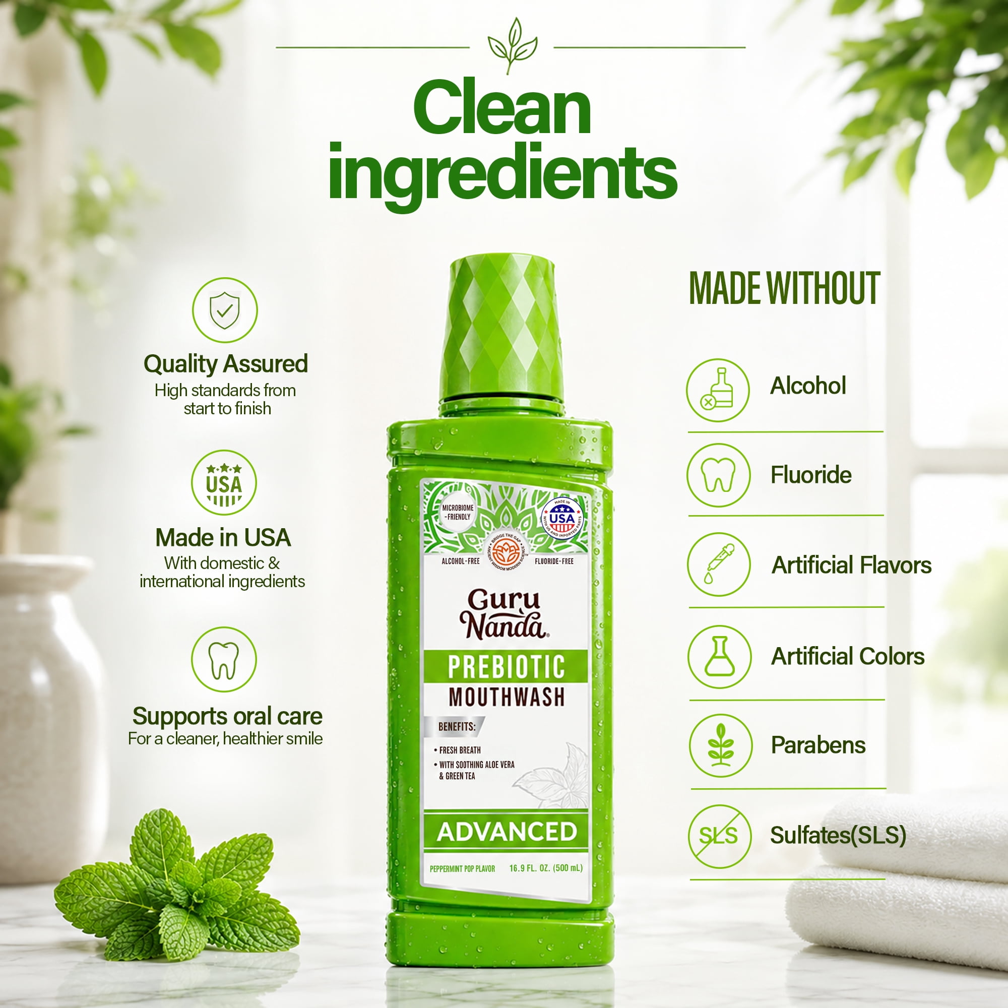 GuruNanda Advanced Prebiotic Mouthwash, Alcohol-Free & Fluoride-Free, Peppermint Pop, 16.9 fl oz