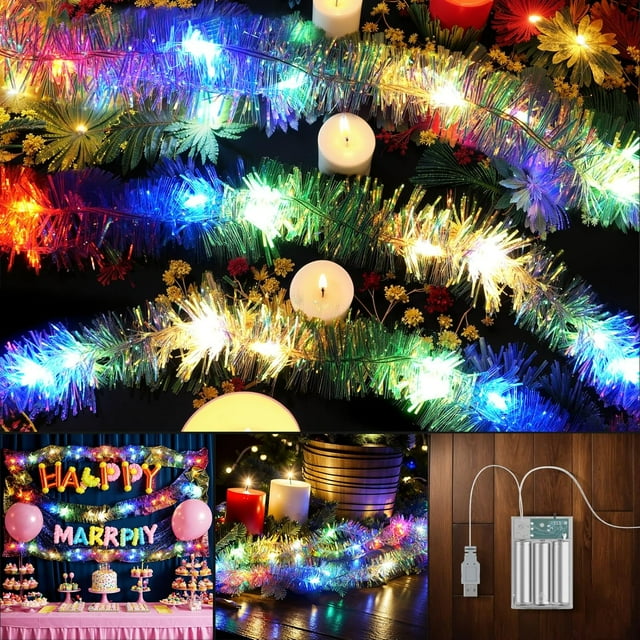 UTAH-Christmas Tinsel Light 33FT for Garland Decoration with Two Light Modes, 100 LED Tinsel Garland Decor String Lights for Fireplace Christmas Garland, Stairway Railing Decorations (Multi-Colored)