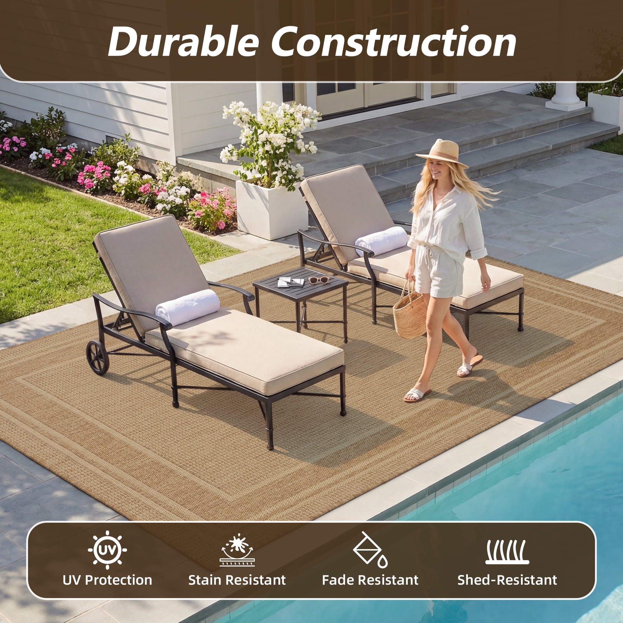 SIXHOME Outdoor Rugs 8'x10' Patio Rug Modern Bordered Indoor Outdoor Rugs Polypropylene Washable Non Shedding, Easy Clean, Waterproof, Durable Outdoor Carpet for Porch Balcony Deck Neutral Brown