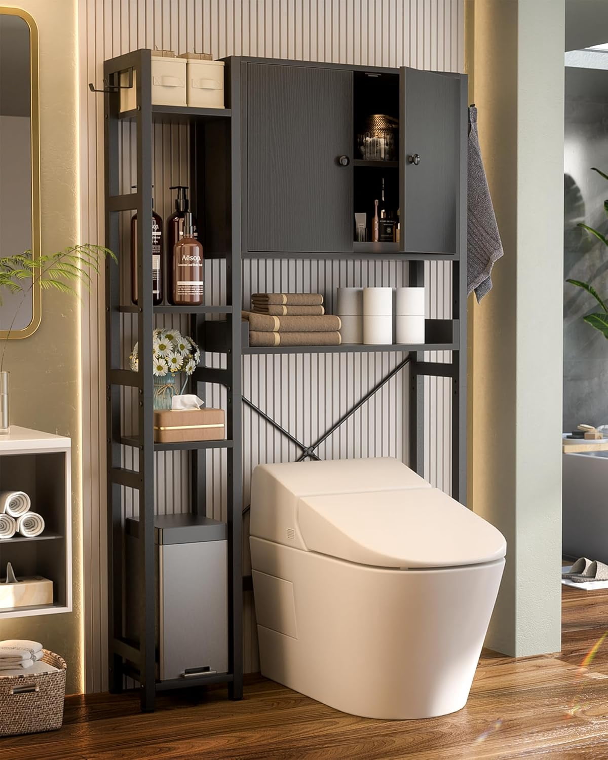 iSunirm Over The Toilet Storage Cabinet with Doors, 7 Tier Freestanding Bathroom Organizer with Adjustable Shelf & 4 Hooks for Bathroom, Restroom, Laundry, Black