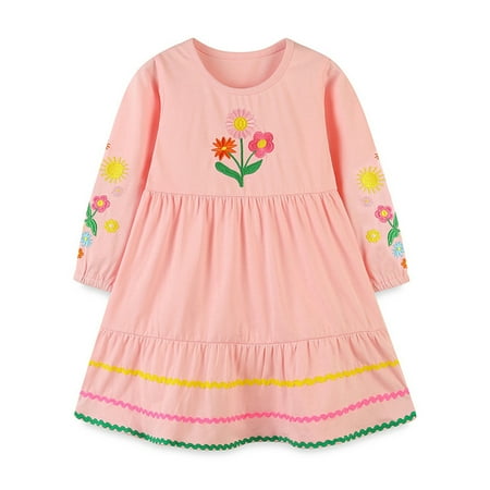 

Esaierr Baby Kids Girls Long Sleeve Dress Cotton Casual Dresses Embroidered Flowers Skirt Spring Autumn Clothes for 2-7 Years