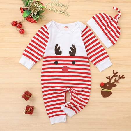 

Kayannuo Christmas Hat Clearance Infant Baby Girls Boy Christmas Cartoon Deer Striped Romper Jumpsuit+Hat Outfits Christmas Gifts