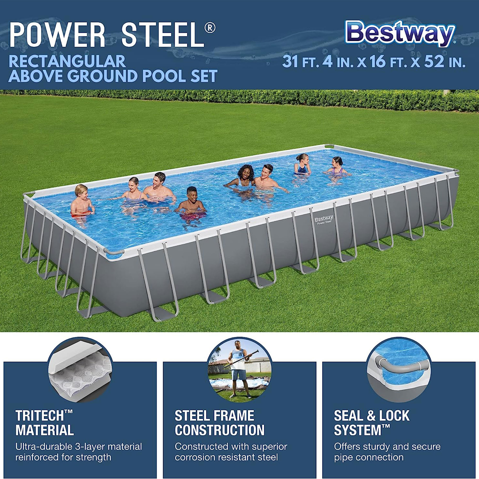 Bestway Power Steel Rectangular Metal Frame Above Ground Pool Set, Grey - image 4 of 9