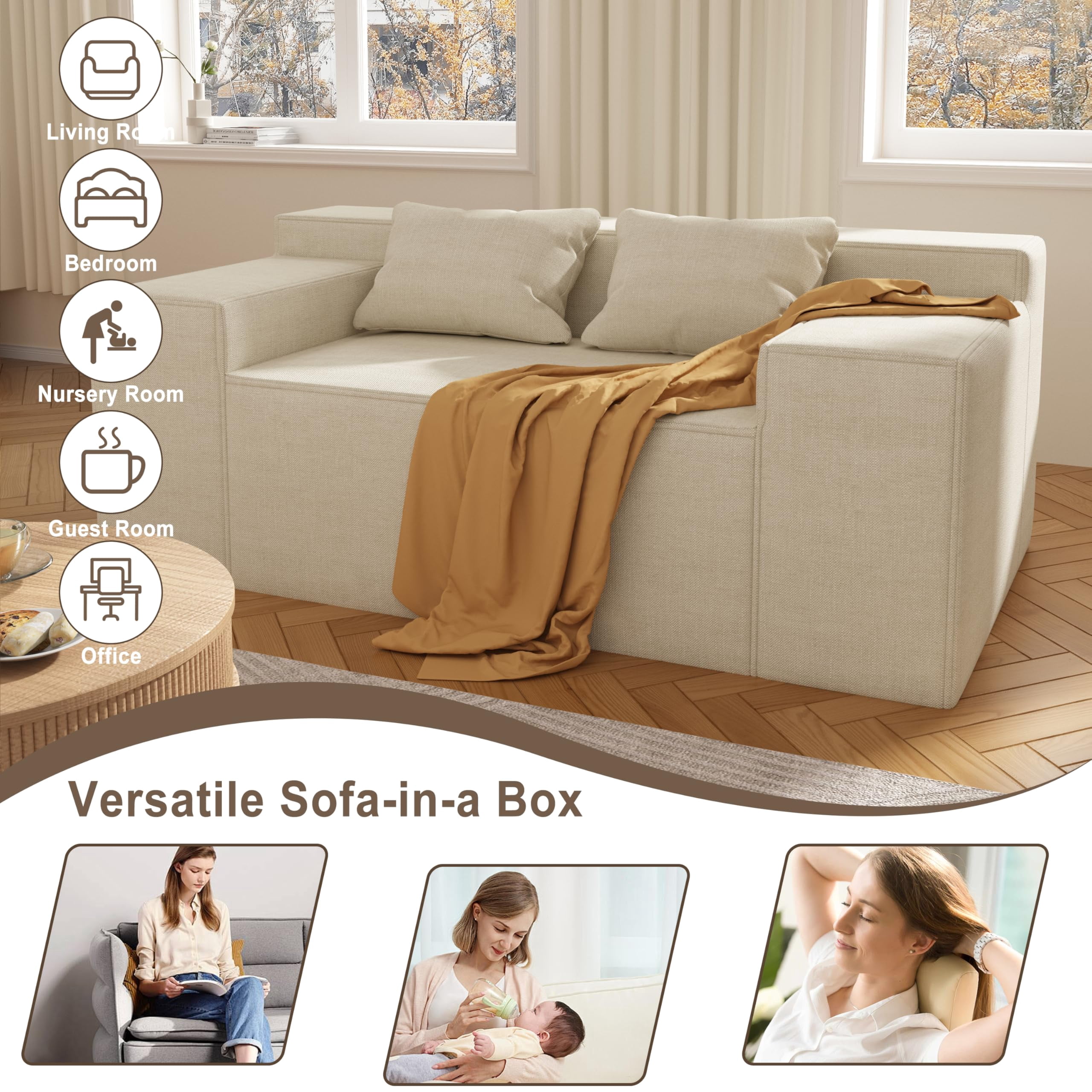 Modern Loveseat, Sofa Couch in a Box, No Assembly Needed, with 2 Pillows, Cat-Scratch Resistant Linen,Small Sofa for for Small Space, Living Room, Bedroom,Beige