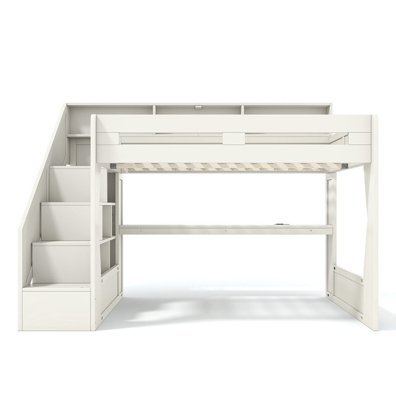 Queen Size Teens Gaming Bed Frame with Storage Stair & Open Headboard Shelves, Wood Loft Bed with LED Light & Power Outlet Desk