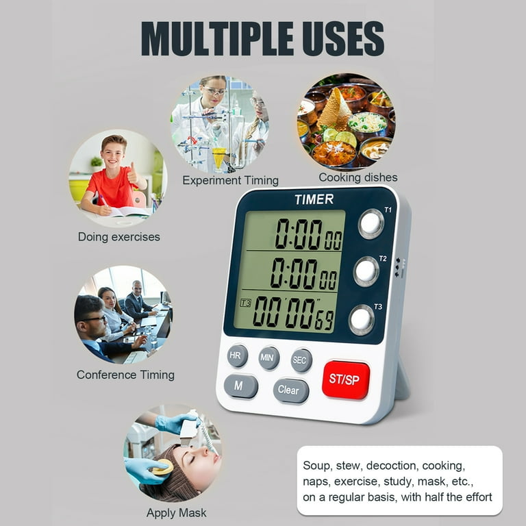 White Gray -390 Digital Double Kitchen Timer, Cooking Timer, Stopwatch,  Display, Adjustable Volume