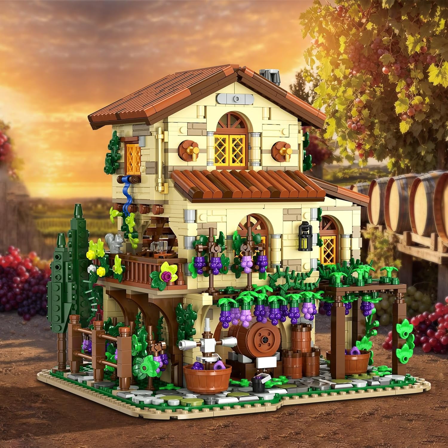INSOON Building Block House Set with LED Lights, 1826 PCS Vineyard Winery Castle Model Kit, European Style Architecture Building Set Toy for Adults & Teens