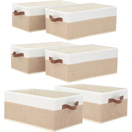 6 Pack Fabric Storage Bins Large Storage Baskets for Shees Foldable Closet Organizer Storage Boxes with Leather Handles for Clothes Sheets Jeans Toys Books Beige and White