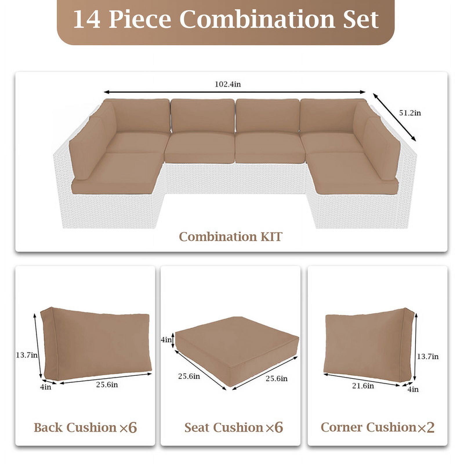 Outdoor Cushions for Patio Furniture Replacement, 4" Foam High-Density, 14-Piece Water-Resistant Outdoor Cushion for 6-Seat Sectional Patio Conversation Sets（Beige）