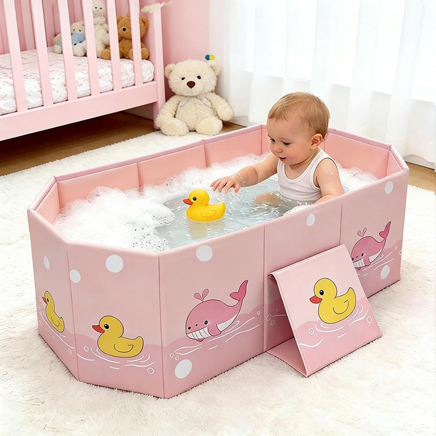 Foldable Bathtub for Kids, Duck Anti-Tipping Bathing Tub, Soaking Shower Tub for Boys Girls Home Daycare Travel Hotel Bathroom