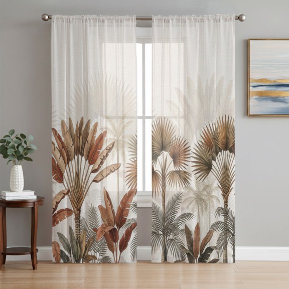 Brown Palm Trees Sheer Curtains 84 Inch Length 2 Panels Set, Tropical Summer Botanical Seaside Voile Window Treatment Rod Pocket Curtains Sheers Drapes for Bedroom/Living Room/Kitchen 52"x84"x2
