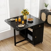 Extendable Drop Leaf Folding Dining Table Space Saving Living Room & Kitchen Single Black 130cm