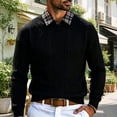 thumbnail image 5 of Plaid Collar Textured Jacquard Knit Polo Shirt for Men, V Neck Long Sleeve Buttonless Vintage Casual Sweater Black, 5 of 9