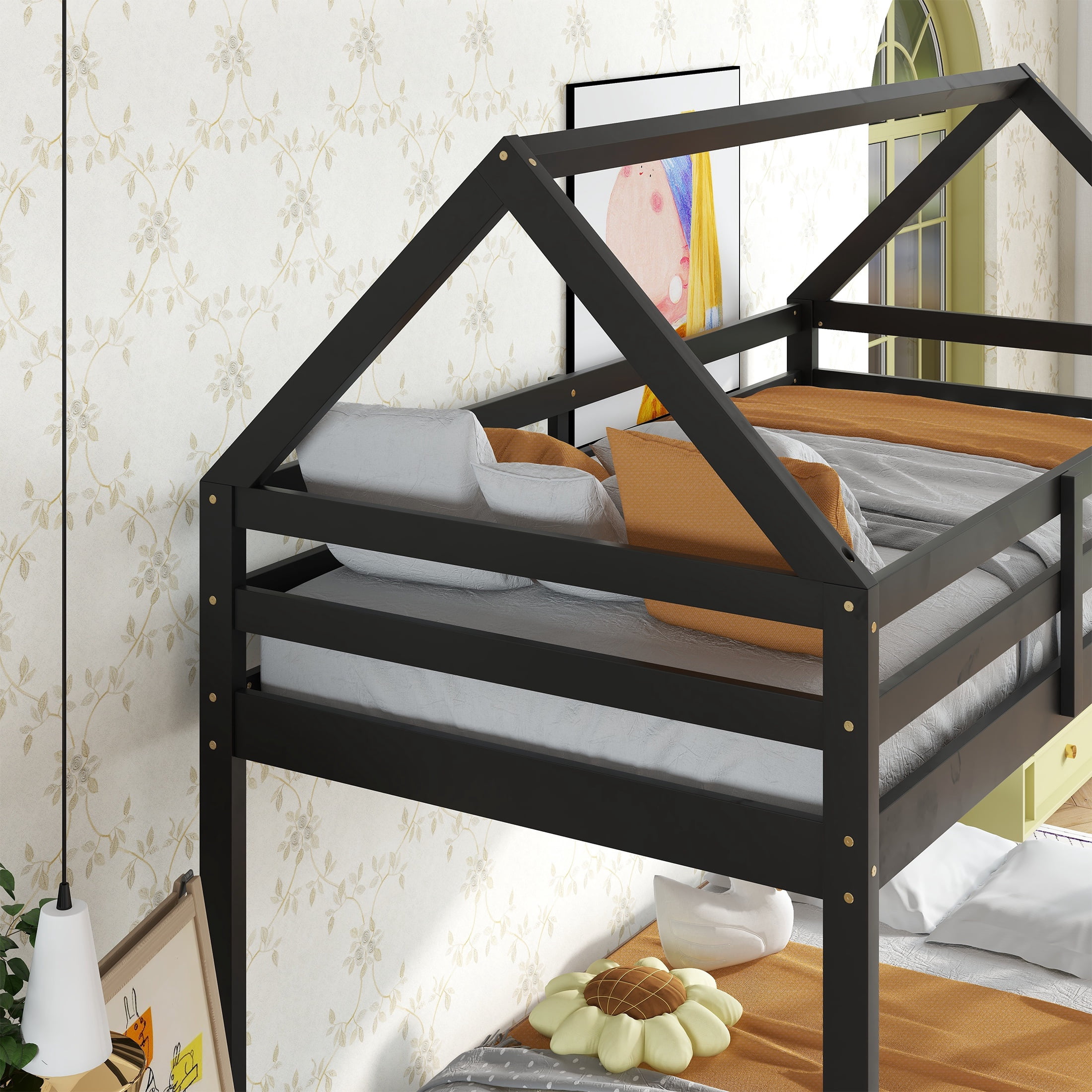 PORKISS Bunk Bed Twin Over Twin, Kids Low Floor Bunk Bed with Guard Rails for Children Boys Girls Dormitory Bedroom, Rubber Wood Bunk Bed, No Box Spring Needed, Black #