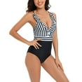 thumbnail image 4 of Women Contrast Color Stripe One Piece Swimsuit Halter Backless Ruched Tummy Control Bathing Suit, 4 of 6