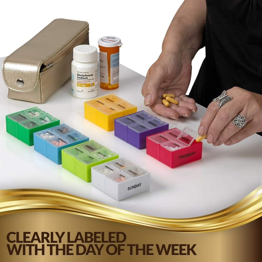 Large Weekly Pill Organizer Box in Gold Leather Case 7 Day Week Pill