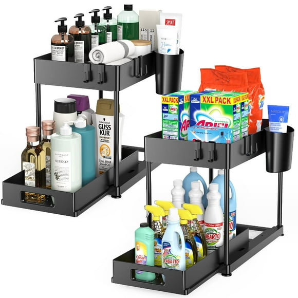 2023 Organizer Shelf 2-Tier Under Sink Organizer, Sliding Under Bathroom Cabinet Storage Drawer Organizer with Hooks, Hanging Cup, Dividers(Black)