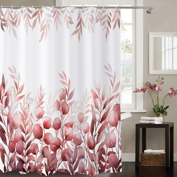 Burgundy Leaf Shower Curtain, Burgundy Watercolor Eucalyptus Leaves Botanical Plants Bathroom Curtain Waterproof Fabric Machine Washable with Hooks, 36" Wx72 L