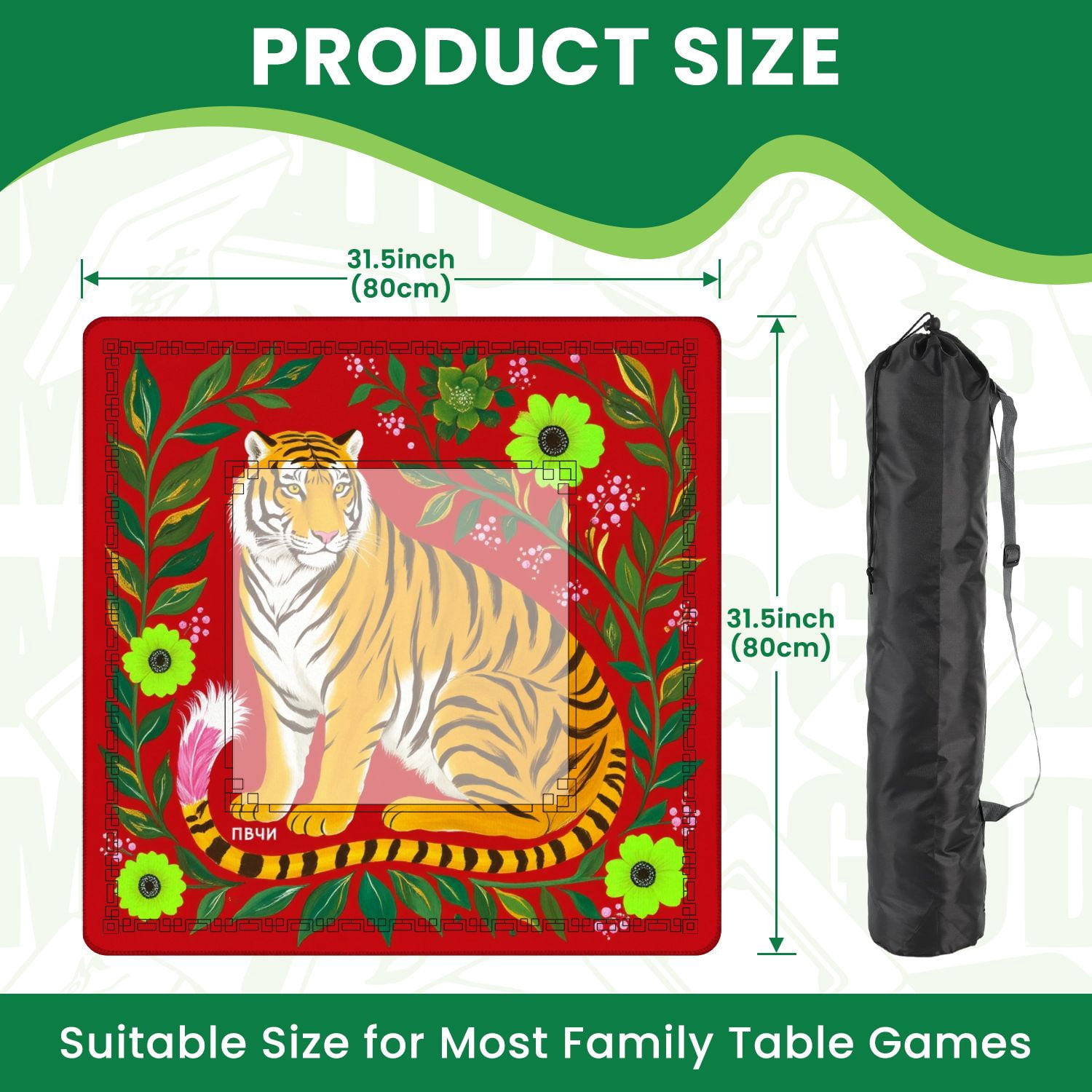 Mahjong Mat 31.5" x 31.5" Vibrant Tiger Green Flowers Leaves Red Non-Slip Noise Reduction American Mahjong Tiles Table Cover for Dominoes Poker Card Board Games Gift