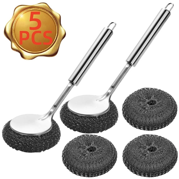 Steel Wool Scrubber with Handle, Stainless Steel Scrubber 5 Refills, Pan & Dish Scrubber