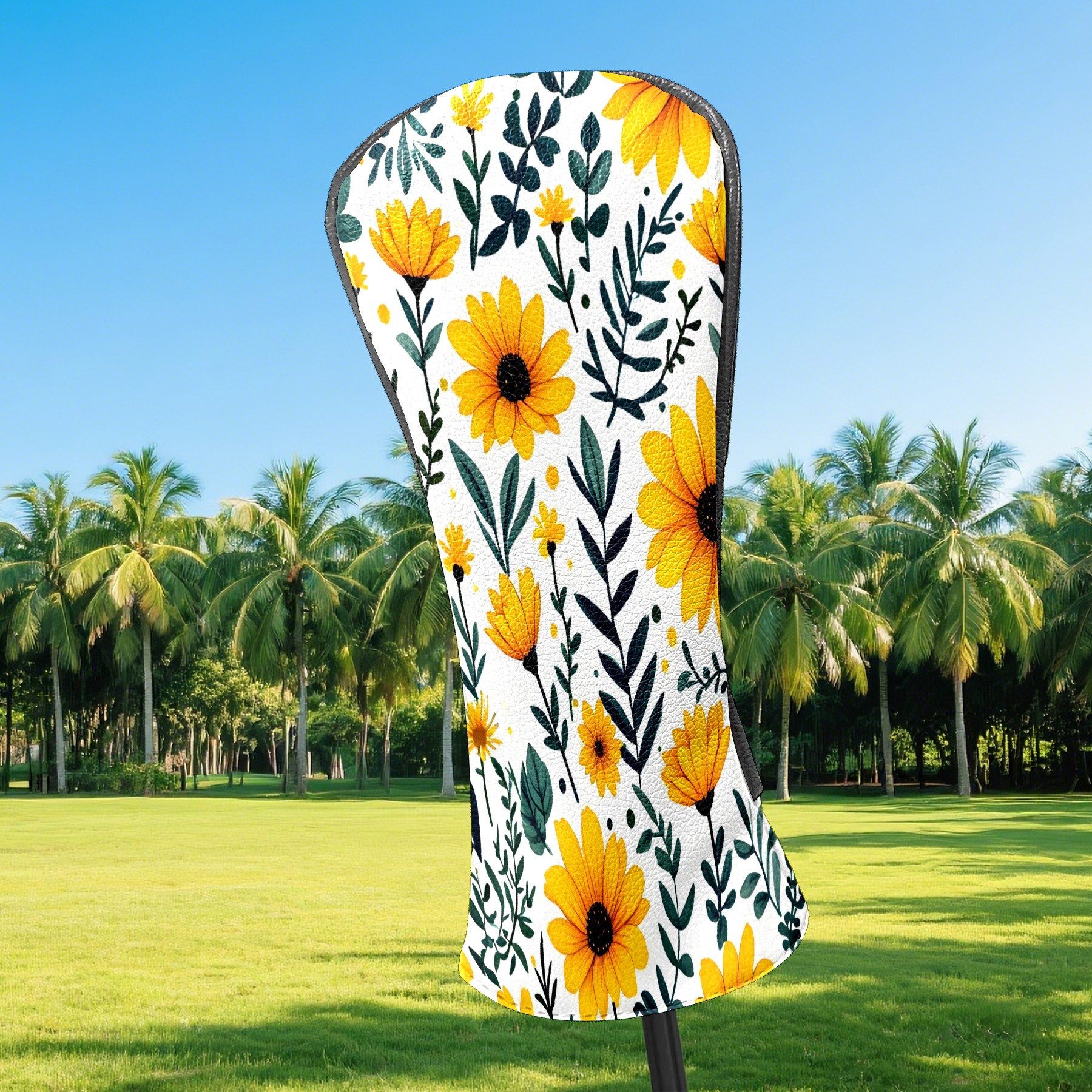 Golf Club Covers, Watercolor Yellow Flowers Premium PU Leather Driver Hybrid Putter Head Covers with Velvet Lining, Waterproof Golf Gifts for Men Women