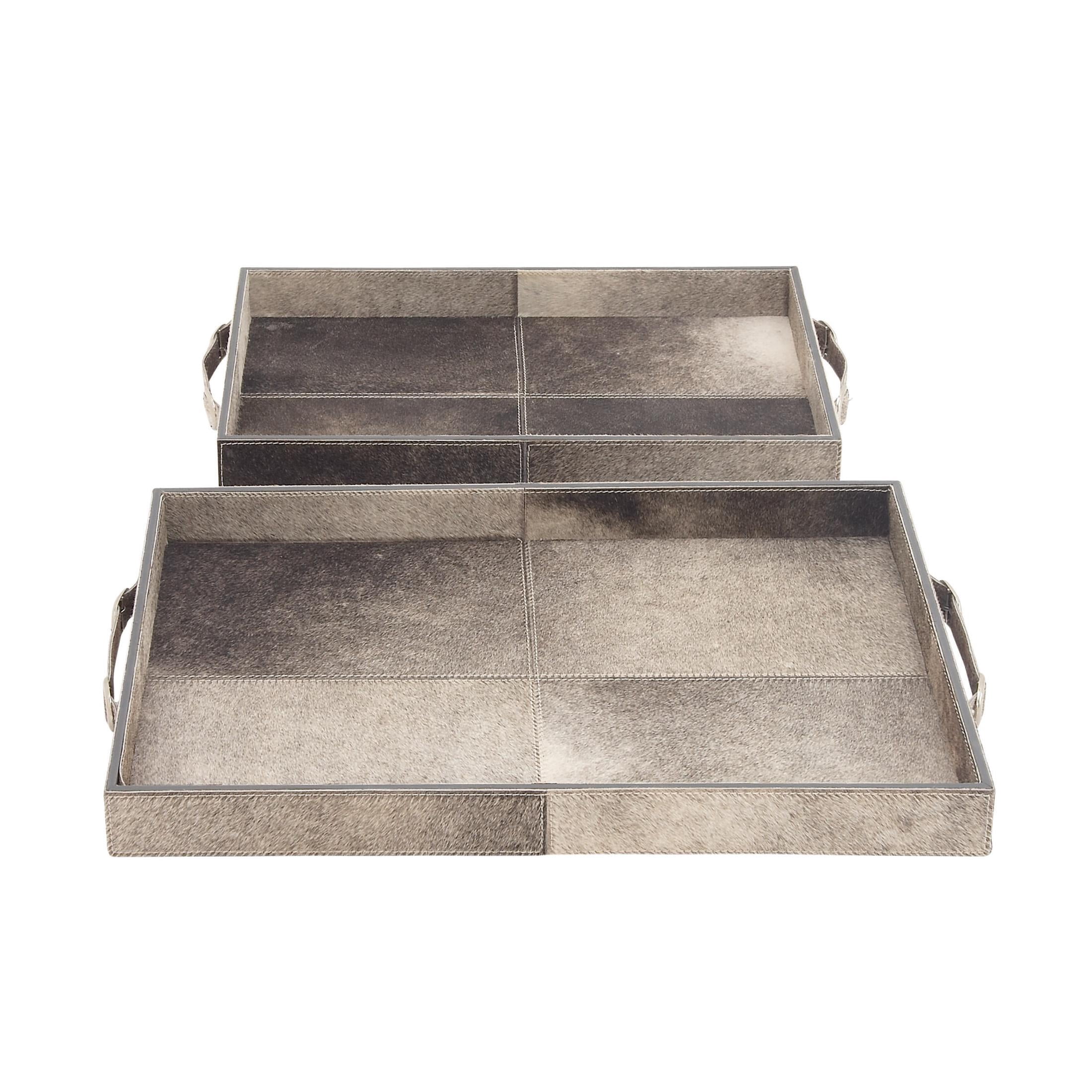 DecMode 24", 20"W Gray Wooden Handmade Cowhide Tray with Slot Handles, 2-Pieces