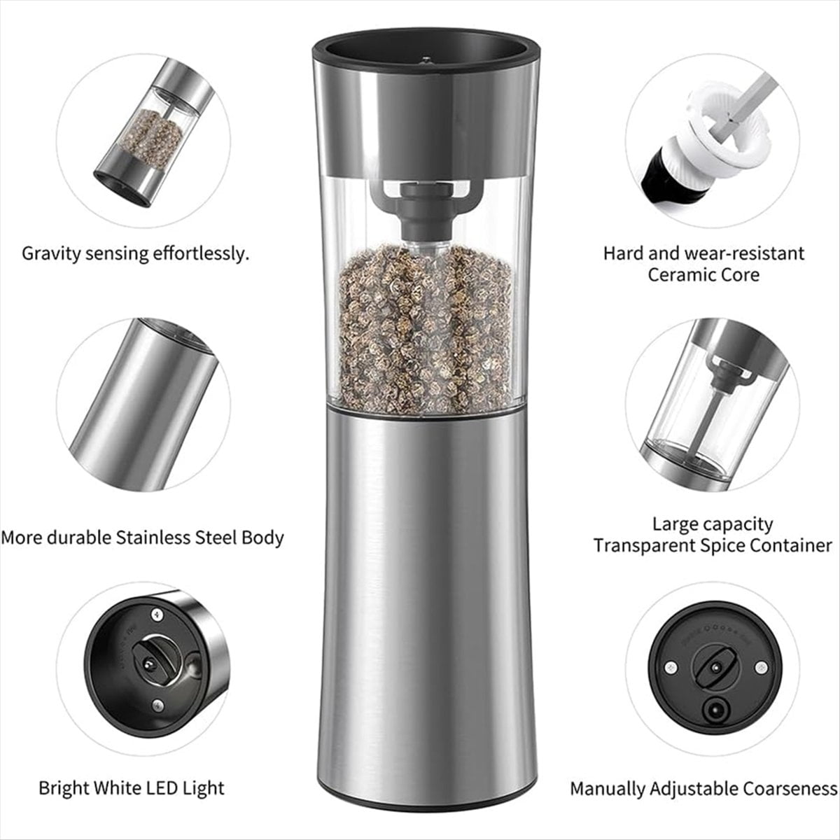 Electric Salt and Pepper Grinder Set Rechargeable Automatic Grinder with Charging Base LED Light, Adjustable Coarseness