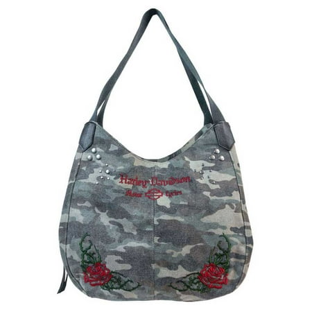 Print Bucket Handbag - Harley-Davidson Women's Rose Embroidery Camo Print Bucket Bag WC6135S-CAMO, Harley Davidson