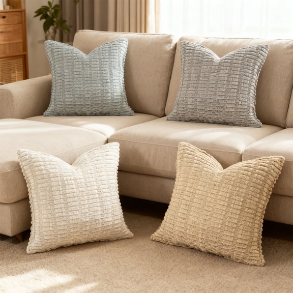 Ikoopy Pack of 4 Neutral Corduroy Decorative Throw Pillow Cover 18x18 Inch for Sofa Living Room Couch Bed Farmhouse Boho Soft Striped Pillow Cover Home Decor Assorted Color