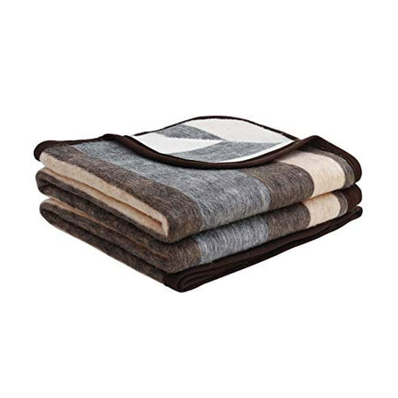 Alpaca Warehouse Alpaca Sheep Wool Blanket King/Full-Queen/Twin Size Thick Heavyweight Comfortably Warm - Great for Outdoor Use - Striped Design (Beige/Brown/Gray, Full/Queen)