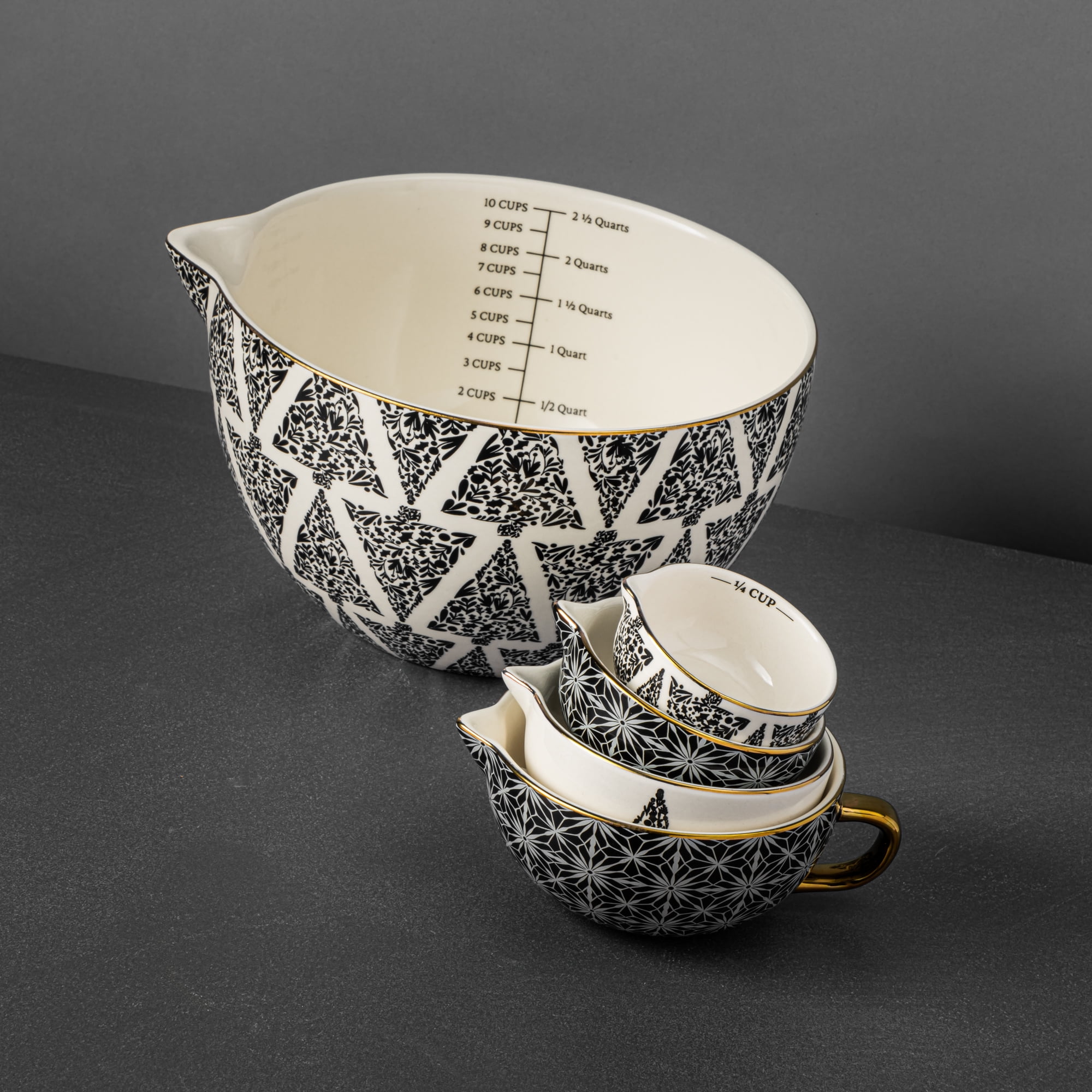 Thyme & Table, Ceramic Mixing Bowl and Measuring Cup Set, Tree Pattern