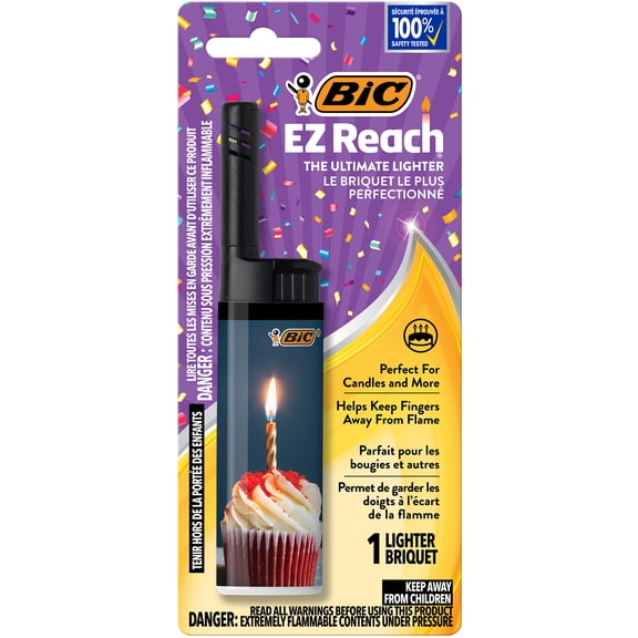 BIC EZ Reach Lighter Assorted Celebration Designs for Birthday Candles, 1-Pack