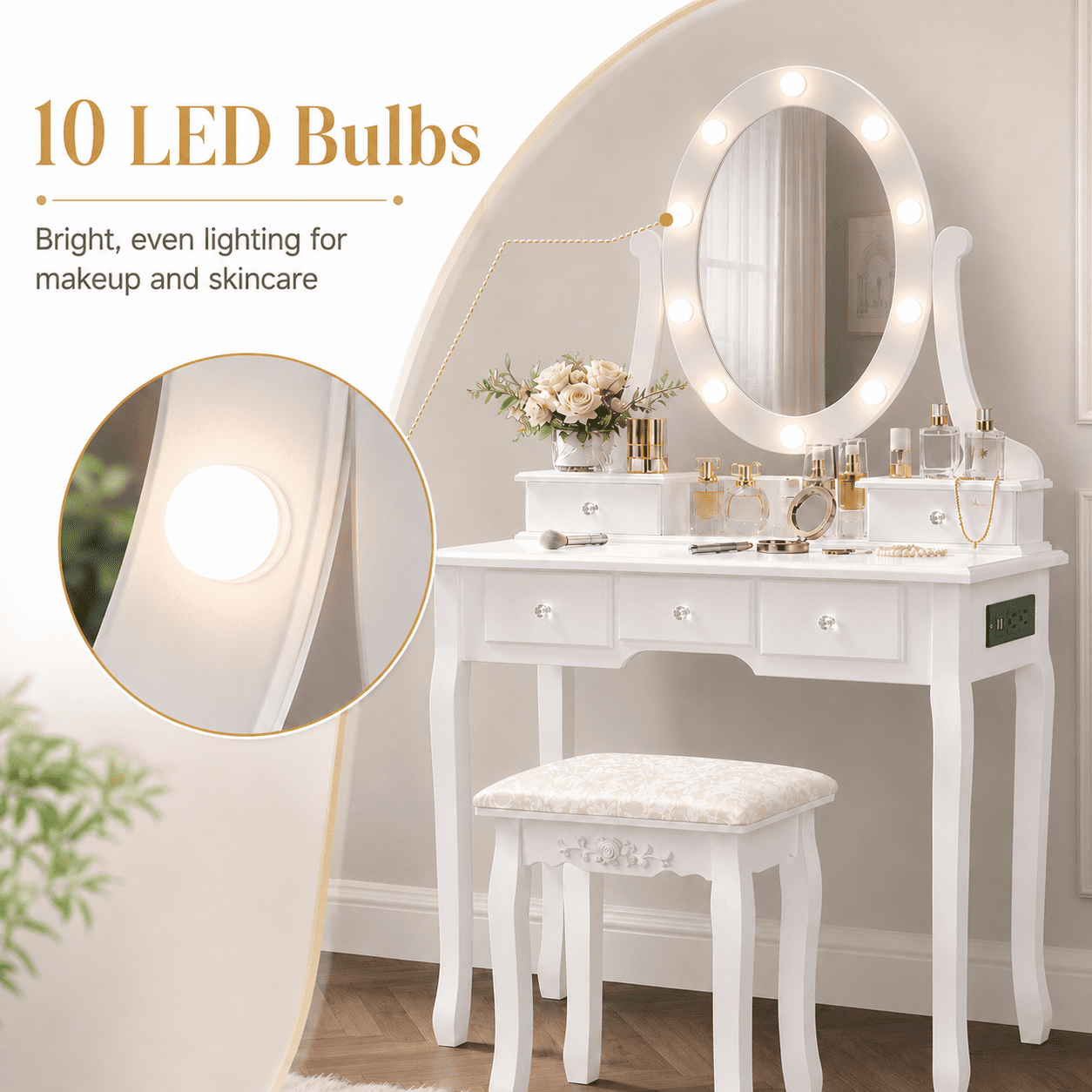 Ktaxon Makeup Vanity Table with 3 Color Lights, 5 Drawers Makeup Dressing Desk with USB Charging Station, Bedroom Vanities Set, White