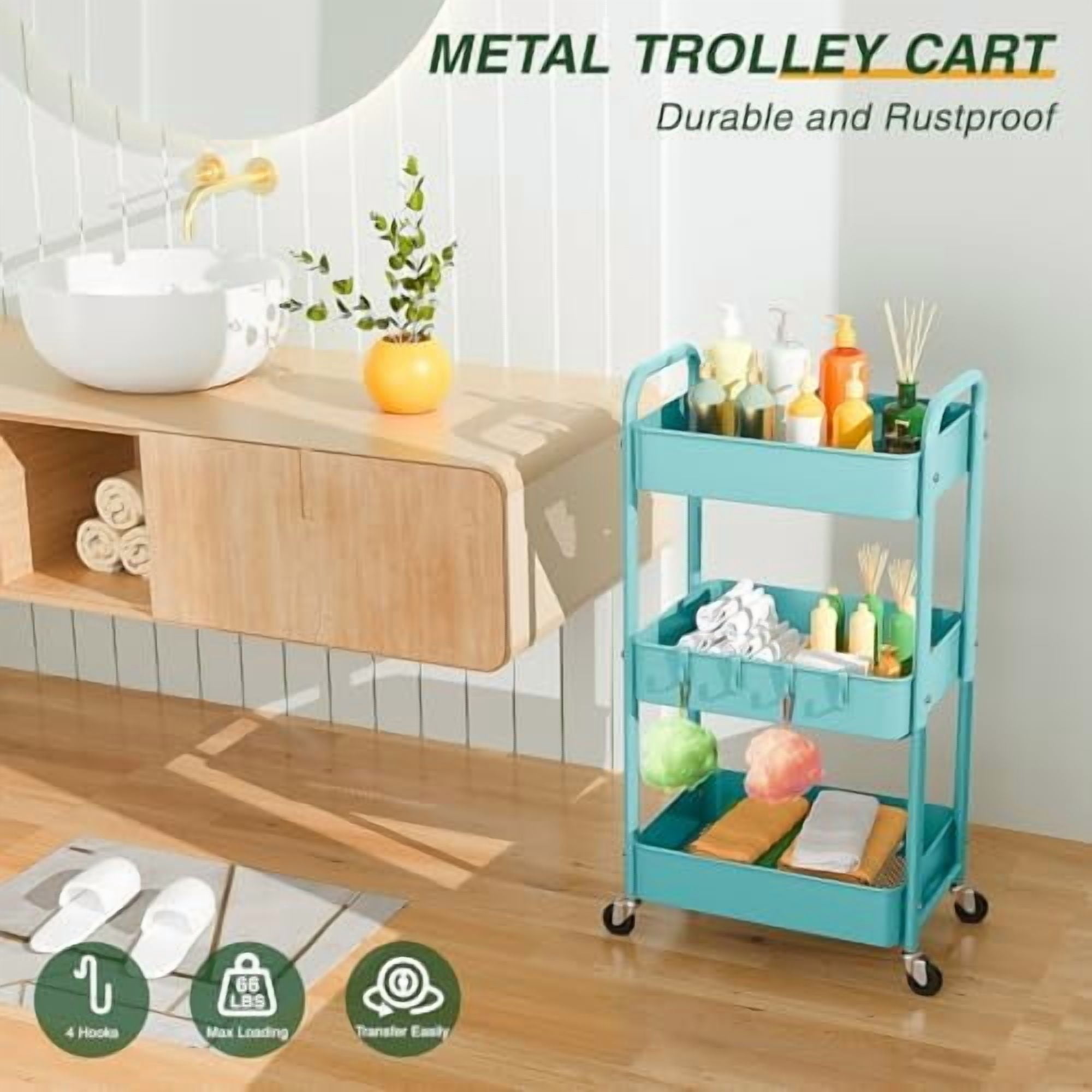 3 Tier Rolling Storage Cart, Metal Trolley Utility Cart with Wheels & Hooks, Easy Assembly Organizer Storage Cart for Bathroom Kitchen Office Bedroom Blue